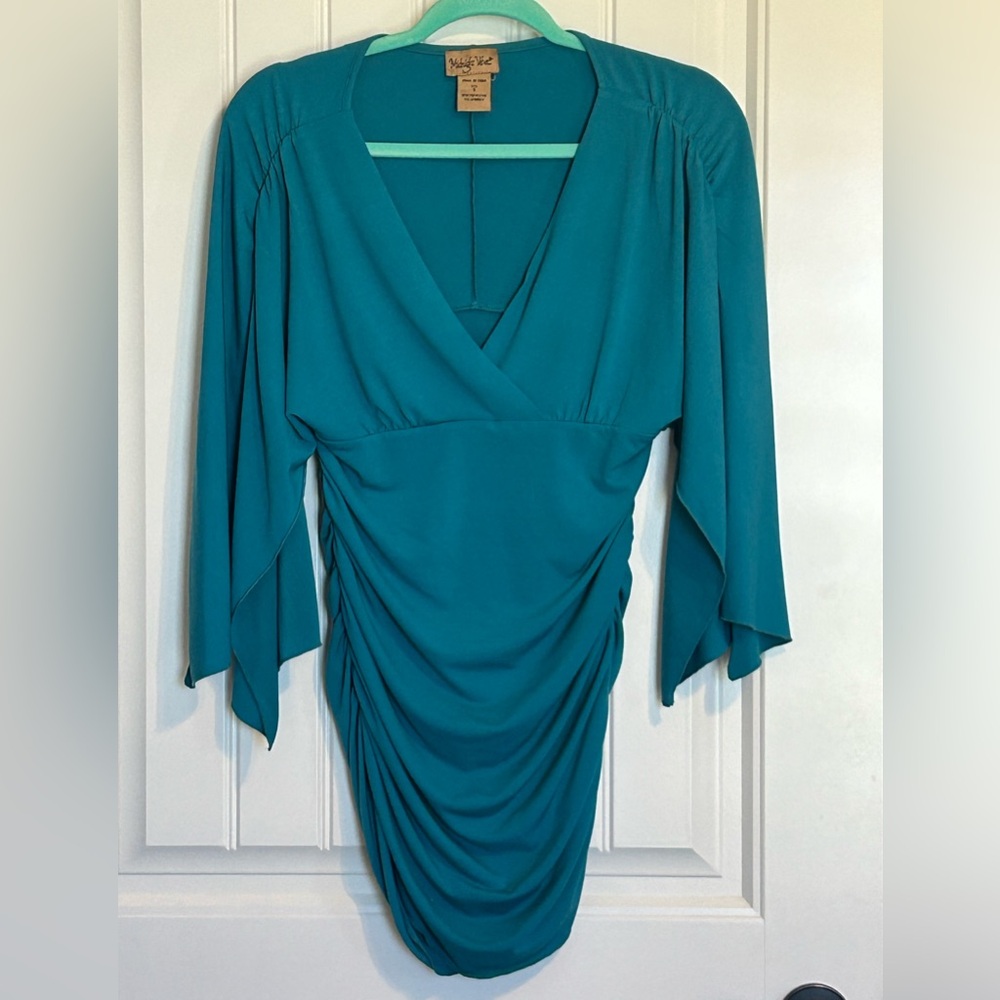 Midnight Velvet Teal V-Neck Ruched Long Sleeve Blouse